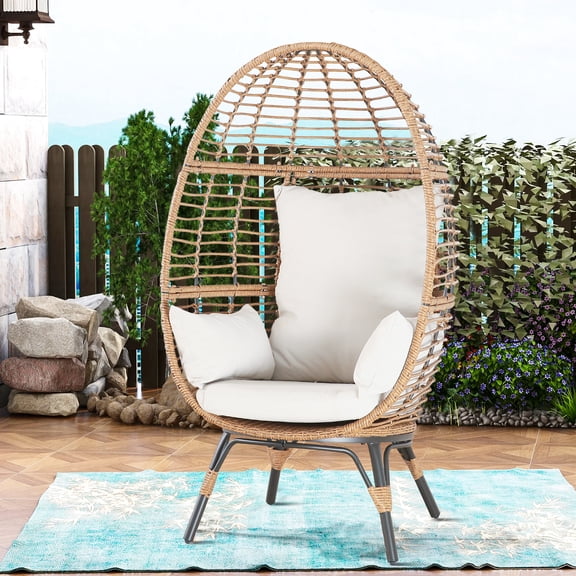 Iwicker Steel Wicker Egg Chair Outdoor Indoor Lounger with Stand and Cushions Egg Basket Chair for Patio, Backyard, Living Room, Natural