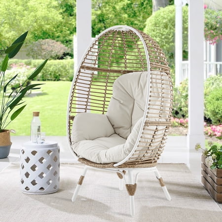 Iwicker Steel Wicker Egg Chair Outdoor Indoor Lounger with Stand and Cushions Egg Basket Chair for Patio, Backyard, Living Room