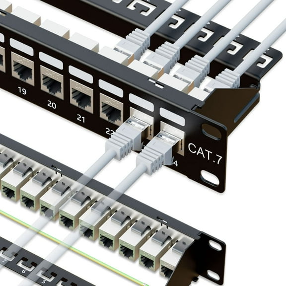Iwillink 24 Port Cat7 RJ45 Through Coupler 1U Shielded Patch Panel STP 19-Inch with Back Bar, Wallmount or Rackmount, Compatible with Cat5e, Cat6, Cat6A, Cat7 Cabling