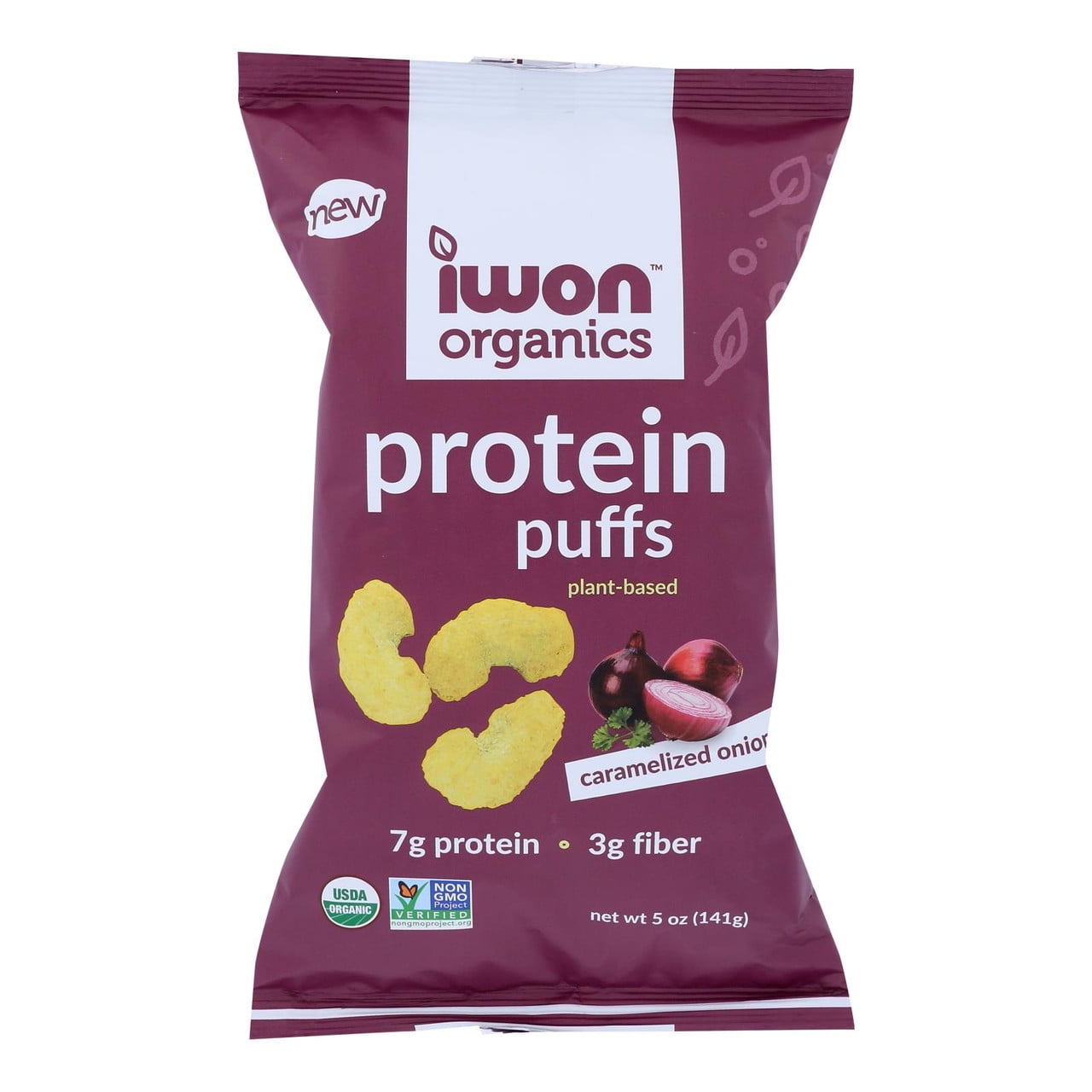 Iwon Organics: Protein Puffs Caramelized Onion, Plastic Bag, 5 oz (142g), Gluten Free, Non-GMO