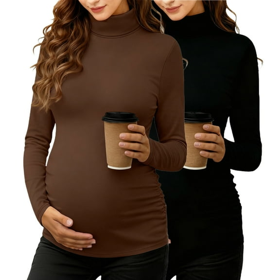 Ixbnca 2 Pack Women's Maternity Shirts Turtleneck/Crewneck Stretch Pregnancy Tee Long Sleeve Side Ruched Blouses