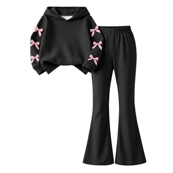 Ixbnca 2 Piece Outfits for Kids Girls Long Sleeve Hooded Sweatshirts High Waist Flare Pants Bow Fashion Clothes