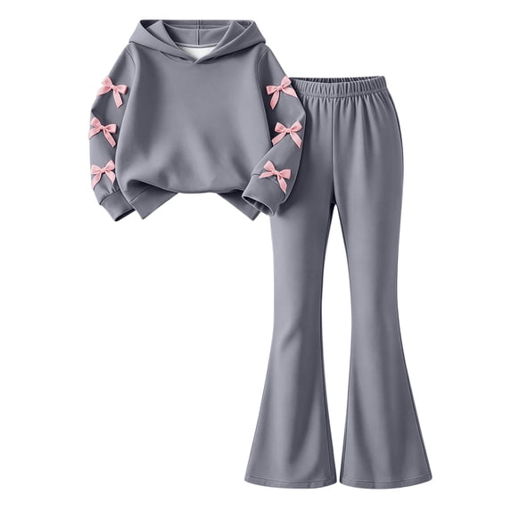 Ixbnca 2 Piece Outfits for Kids Girls Long Sleeve Hooded Sweatshirts High Waist Flare Pants Bow Fashion Clothes