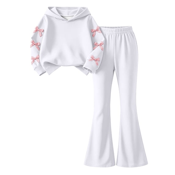 Ixbnca 2 Piece Outfits for Kids Girls Long Sleeve Hooded Sweatshirts High Waist Flare Pants Bow Fashion Clothes