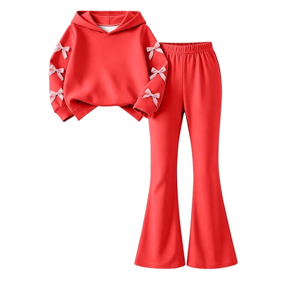 Ixbnca 2 Piece Outfits for Kids Girls Long Sleeve Hooded Sweatshirts High Waist Flare Pants Bow Fashion Clothes