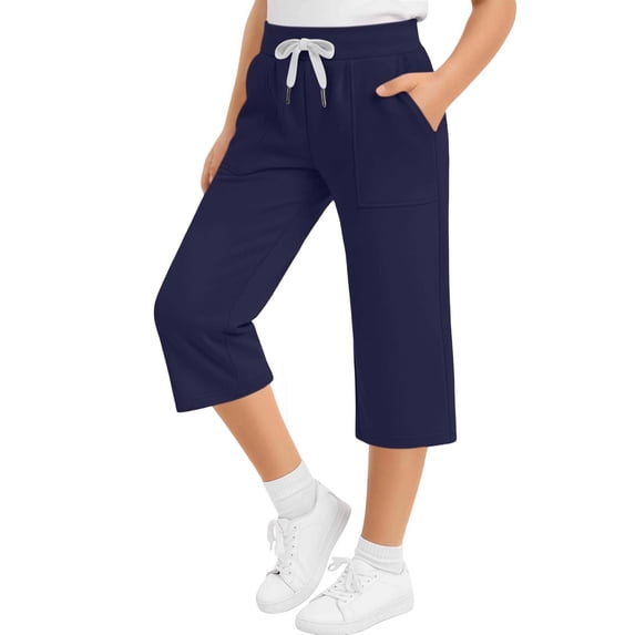 Ixbnca Boys Girls Capri Pants Casual Drawstring High Rise Pants Loose Straight Solid Color Pockets Cropped Pants