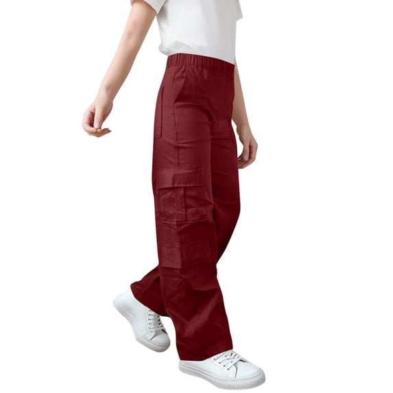 Ixbnca Boys Girls Cargo Pants Casual Multi Pockets Plain Long Pants Light Elastic High Waist Hiking Trousers