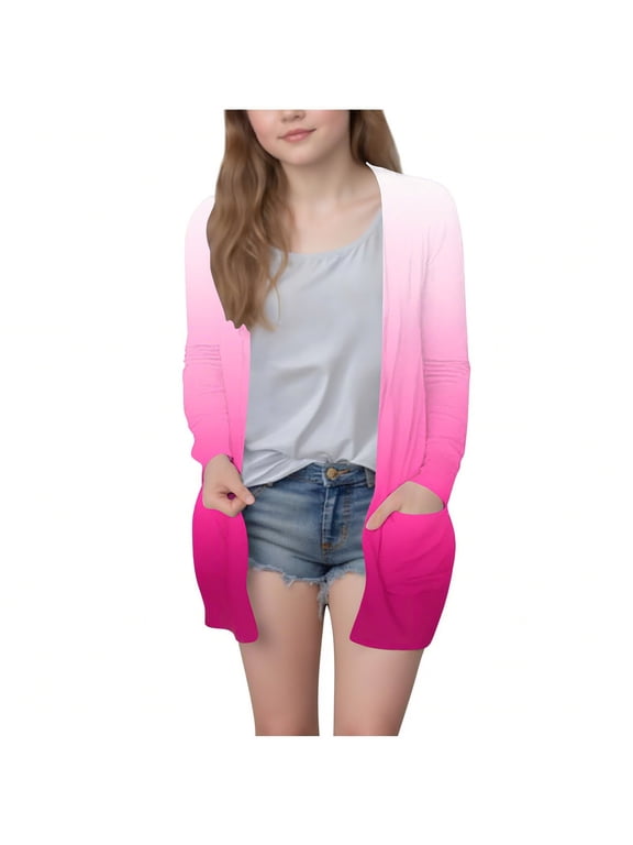 Cardigans for Girls Casual Open Front Gradient Color Tops Lightweight Long Sleeve Outerwear with Pockets
