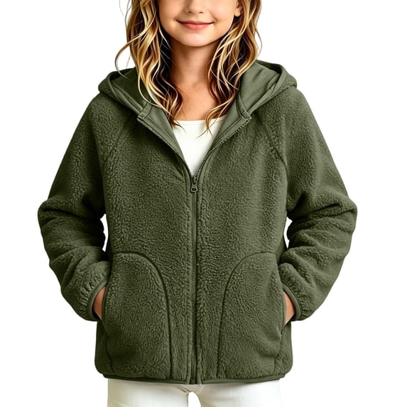 Ixbnca Children Fleece Jackets Thermal Long Sleeve Hooded Coat with Pockets Full Zipper Solid Color Winter Tops