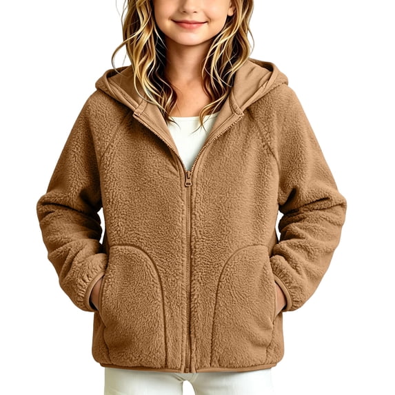 Ixbnca Children Fleece Jackets Thermal Long Sleeve Hooded Coat with Pockets Full Zipper Solid Color Winter Tops