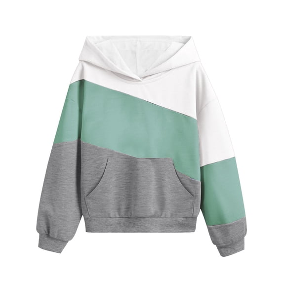 Ixbnca Children Hooded Sweatshirts Fashion Color Block Pullover Tops Loose Long Sleeve Hoodies with Pockets