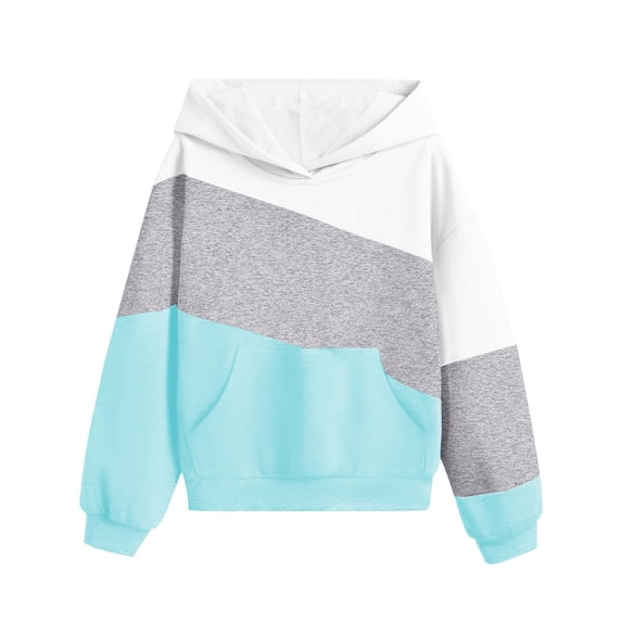 Ixbnca Children Hooded Sweatshirts Fashion Color Block Pullover Tops Loose Long Sleeve Hoodies with Pockets
