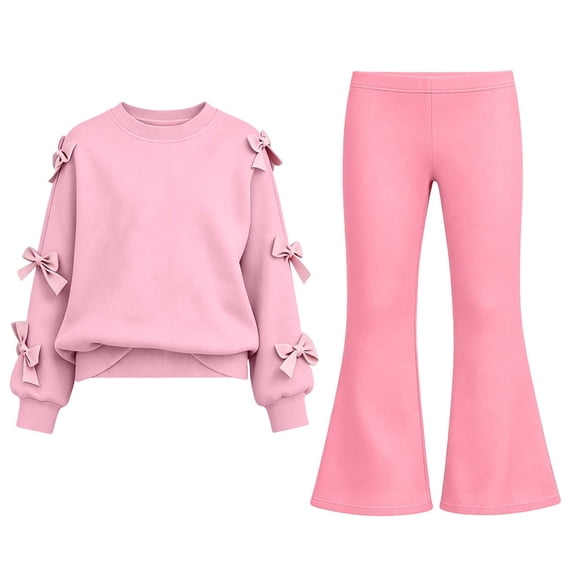 Ixbnca Girls 2PCS Outfits Bow Long Sleeve Sweatshirts Pull on Flare Pants Lounge Clothes Size 5-15 Years