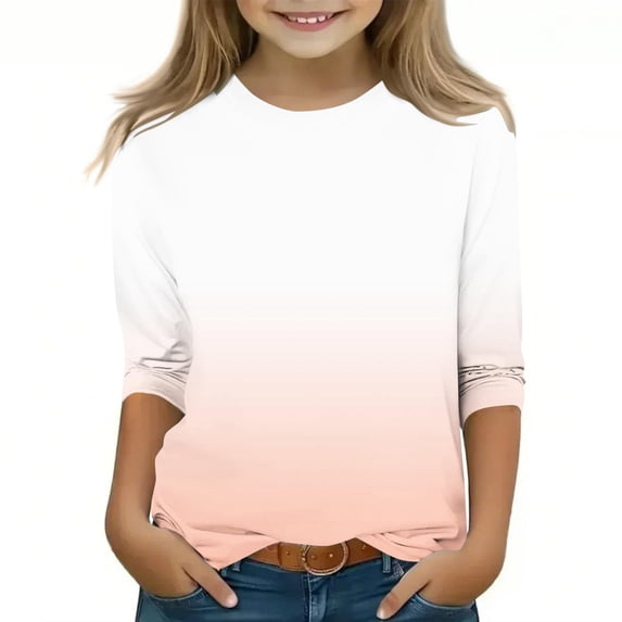 Ixbnca Girls 3/4 Sleeve Shirts Trendy Gradient Color Comfy Tee Tops Loose Round Neck Casual Pullover T-Shirts
