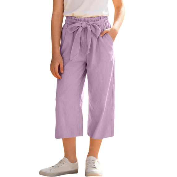 Ixbnca Girls Capri Pants Cute Elastic High Waist Cropped Pants Casual Solid Color Loose Pants with Pockets