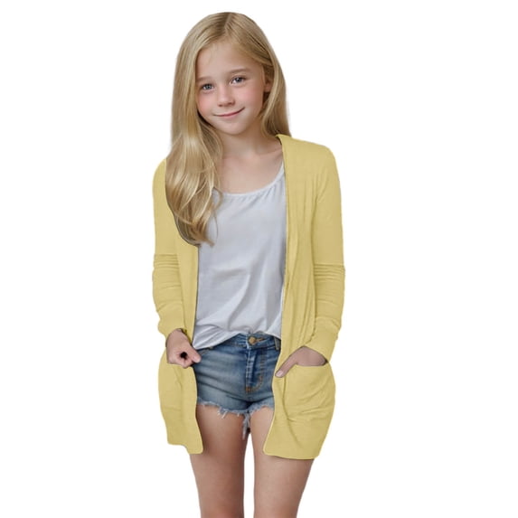 Ixbnca Girls Cardigan Lightweight Mid Length Long Sleeve Tops Comfy Solid Color Open Front Cardigan with Pockets