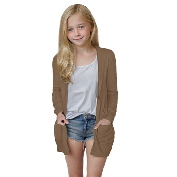 Ixbnca Girls Cardigan Lightweight Mid Length Long Sleeve Tops Comfy Solid Color Open Front Cardigan with Pockets