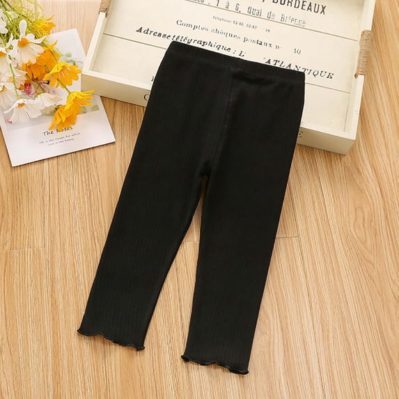 Ixbnca Girls Cotton Pants Stretchy High Rise Textured Slim Trousers Cute Ruffle Hem Comfy Solid Color Bottoms