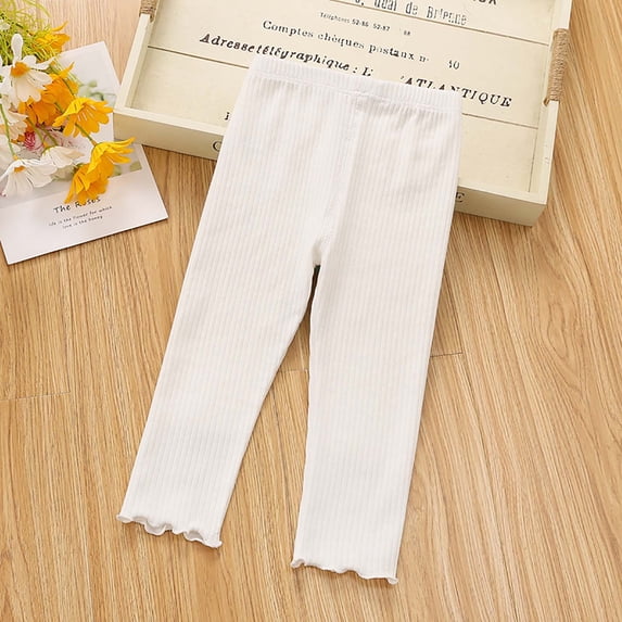 Ixbnca Girls Cotton Pants Stretchy High Rise Textured Slim Trousers Cute Ruffle Hem Comfy Solid Color Bottoms