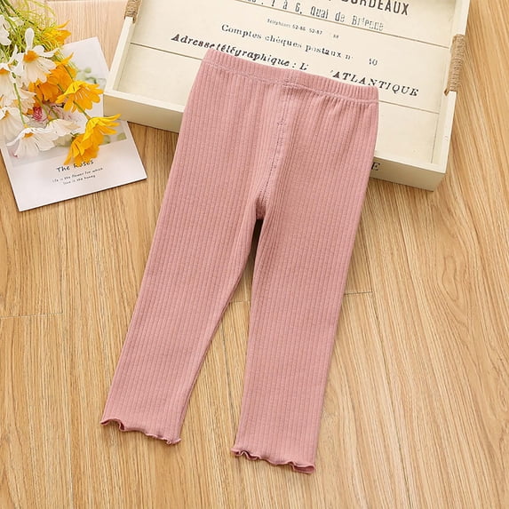 Ixbnca Girls Cotton Pants Stretchy High Rise Textured Slim Trousers Cute Ruffle Hem Comfy Solid Color Bottoms