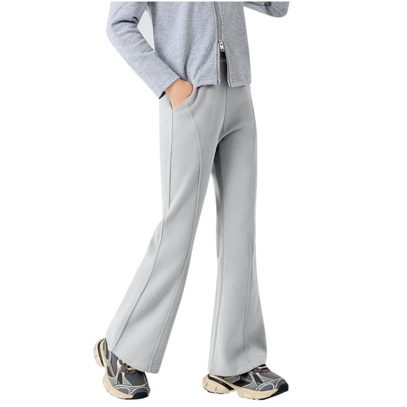 Ixbnca Girls Flare Pants Comfy Cotton Elastic High Waist Long Pants Breathable Solid Color Pockets Trousers