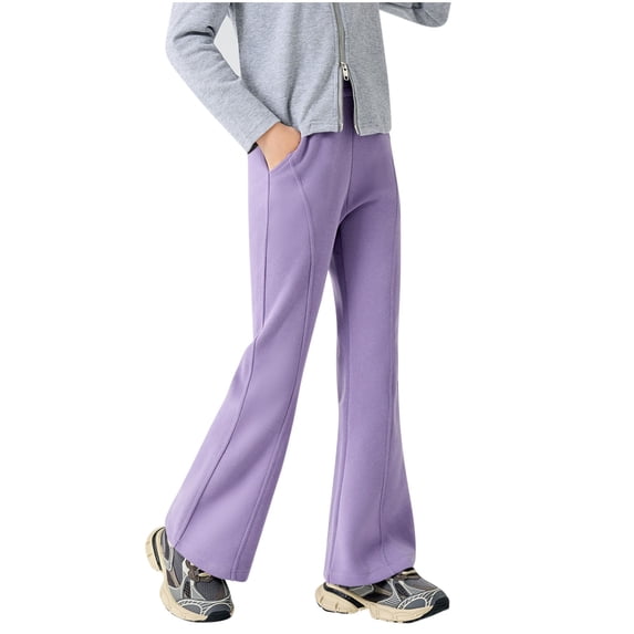 Ixbnca Girls Flare Pants Comfy Cotton Elastic High Waist Long Pants Breathable Solid Color Pockets Trousers
