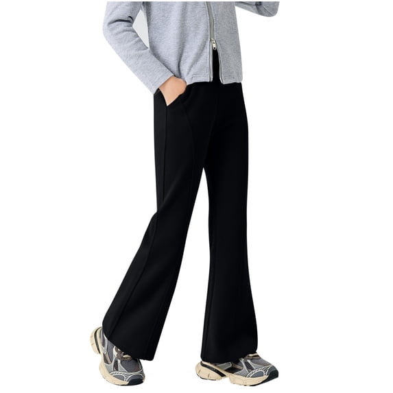 Ixbnca Girls Flare Pants Comfy Cotton Elastic High Waist Long Pants Breathable Solid Color Pockets Trousers