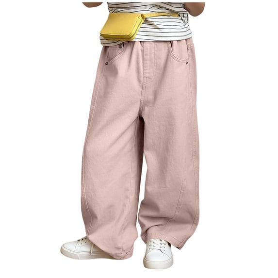 Ixbnca Girls Long Pants Baggy Elastic High Waist Pockets Cotton Pants Comfort Wide Leg Solid Color Trousers
