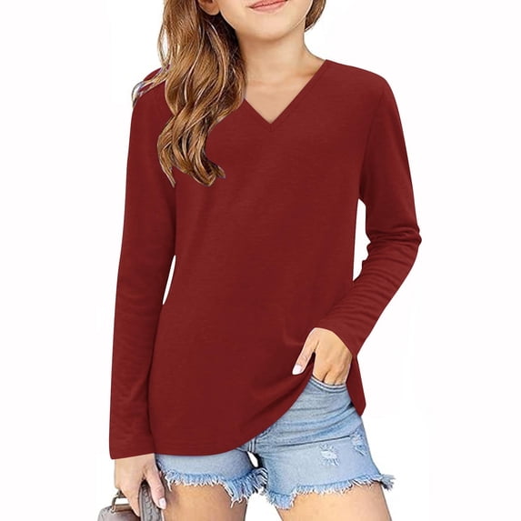 Ixbnca Girls Long Sleeve Shirts Casual V-Neck Comfy Fall Tee Tops Basic Solid Color Loose Pullover Tshirts