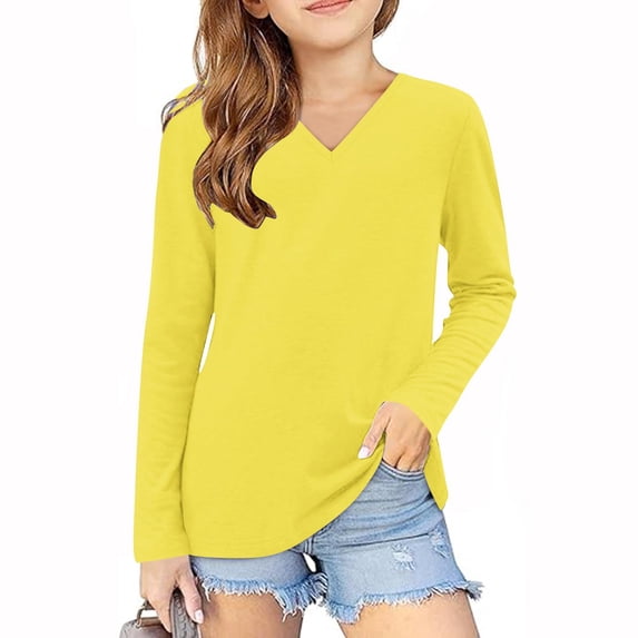 Ixbnca Girls Long Sleeve Shirts Casual V-Neck Comfy Fall Tee Tops Basic Solid Color Loose Pullover Tshirts