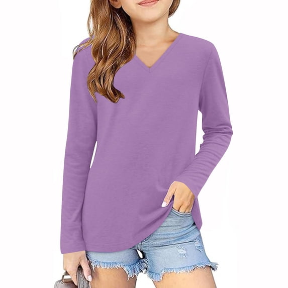Ixbnca Girls Long Sleeve Shirts Casual V-Neck Comfy Fall Tee Tops Basic Solid Color Loose Pullover Tshirts