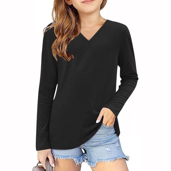 Ixbnca Girls Long Sleeve Shirts Casual V-Neck Comfy Fall Tee Tops Basic Solid Color Loose Pullover Tshirts