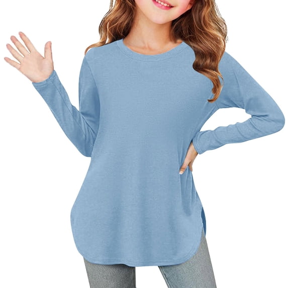 Ixbnca Girls Long Sleeve T-Shirts Kids Casual Crew Neck Pullover Tops Basic Solid Color Side Slit Tee Shirts