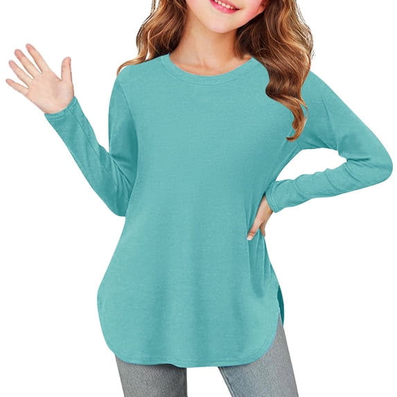 Ixbnca Girls Long Sleeve T-Shirts Kids Casual Crew Neck Pullover Tops Basic Solid Color Side Slit Tee Shirts