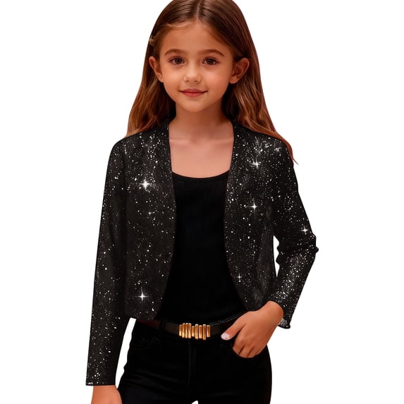 Ixbnca Girls Sequin Jackets Fashion Sparkly Cropped Open Front Cardigan Shiny Long Sleeve Dressy Party Tops