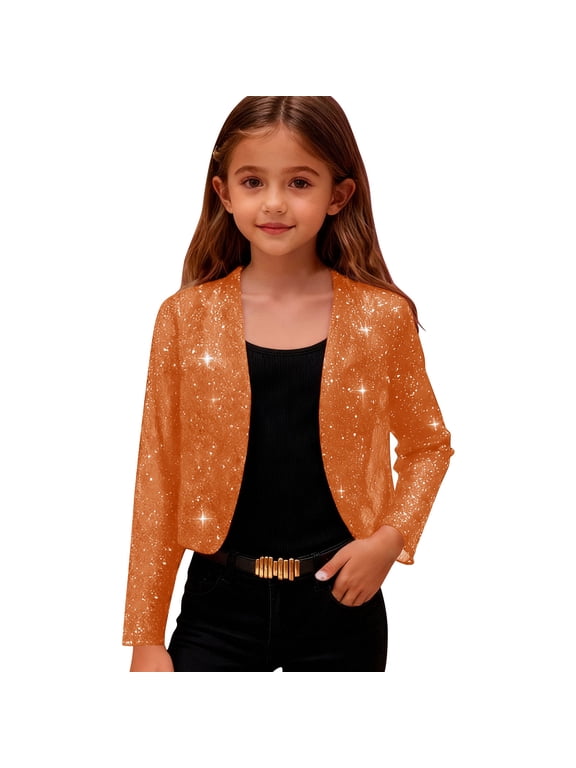 Girls Sequin Jackets Fashion Sparkly Cropped Open Front Cardigan Shiny Long Sleeve Dressy Party Tops