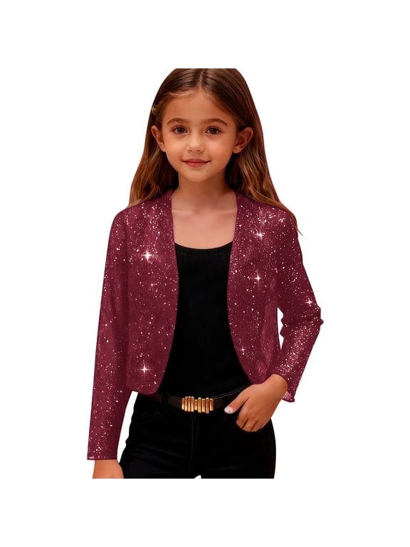 Girls Sequin Jackets Fashion Sparkly Cropped Open Front Cardigan Shiny Long Sleeve Dressy Party Tops
