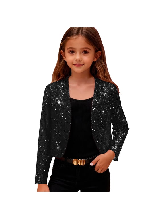 Girls Sequin Jackets Fashion Sparkly Cropped Open Front Cardigan Shiny Long Sleeve Dressy Party Tops
