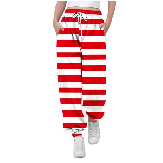 Ixbnca Jogger Pants for Children Trendy Striped Pockets Sweatpants Casual Drawstring Elastic High Waist Trouser
