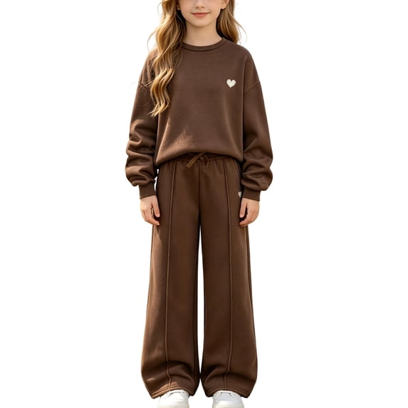 Ixbnca Kids Girls 2 Piece Sweatsuits Warm Crew Neck Sweatshirt Wide Leg Sweatpants Baggy Casual Tracksuits