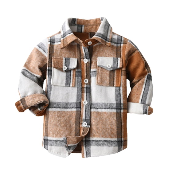Ixbnca Kids Plaid Tops Button down Stand Collar Long Sleeve Fall Jackets Outwear Shirts with Flap Pockets
