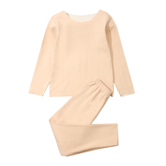 Ixbnca Kids Thermal Underwear Cotton Long Sleeve Round Neck Top Elastic Waist Pants Solid Color Lounge Base Layer