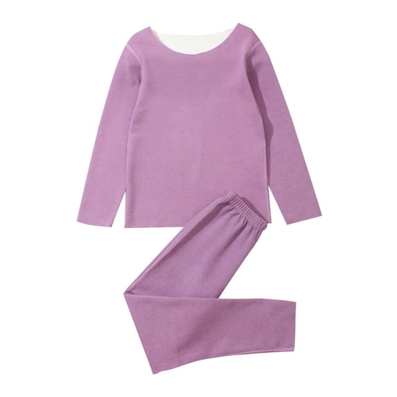 Ixbnca Kids Thermal Underwear Cotton Long Sleeve Round Neck Top Elastic Waist Pants Solid Color Lounge Base Layer
