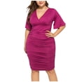 thumbnail image 1 of Ixbnca Plus Size Dress for Women Wrap V Neck Ruched Stretch Elegant Knee Length Cocktail Party Dress, 1 of 6