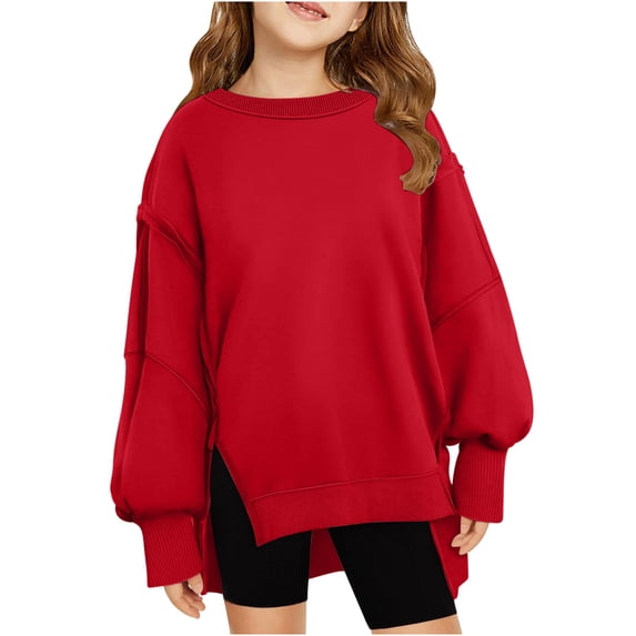 Ixbnca Sweatshirts for Girls Stylish Slit Hem Crew Neck Pullover Tops Baggy Long Sleeve Solid Color Sweatshirts