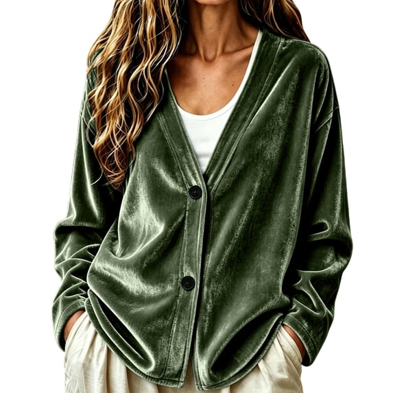Ixbnca Velvet Cardigan for Women Loose Solid Color Long Sleeve Tops Casual Button Down V-Neck Winter Outerwear