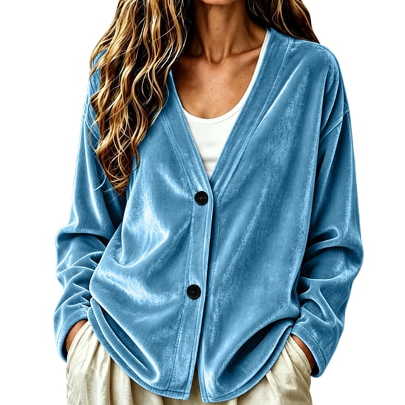 Ixbnca Velvet Cardigan for Women Loose Solid Color Long Sleeve Tops Casual Button Down V-Neck Winter Outerwear
