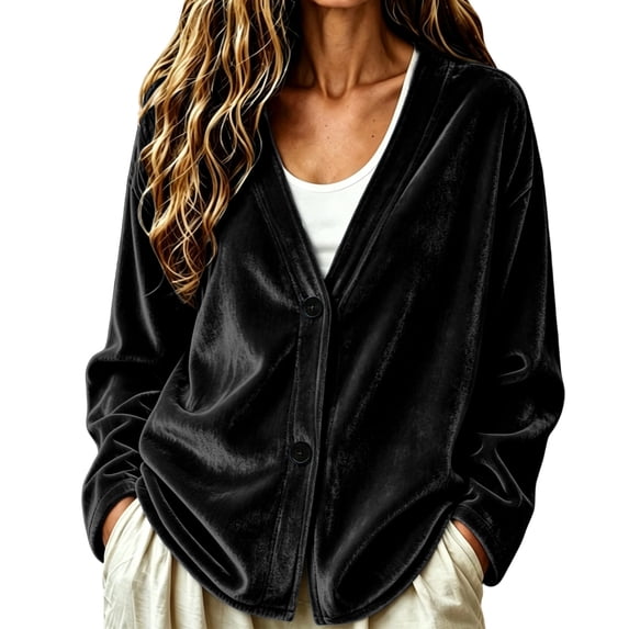 Ixbnca Velvet Cardigan for Women Loose Solid Color Long Sleeve Tops Casual Button Down V-Neck Winter Outerwear