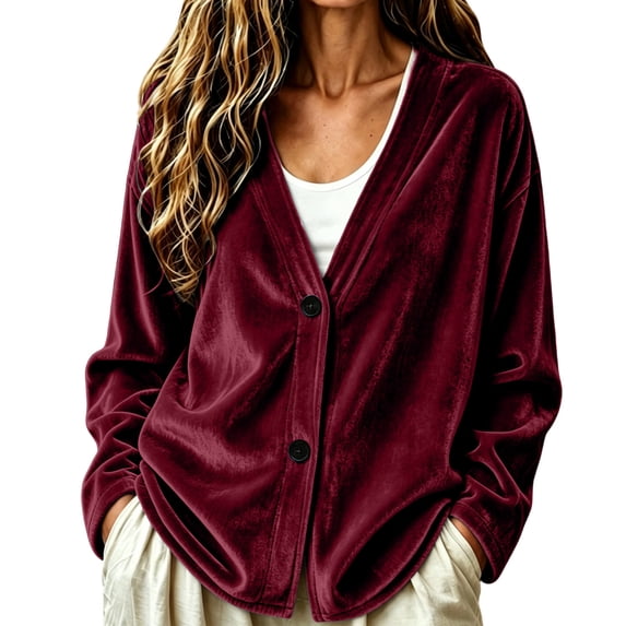 Ixbnca Velvet Cardigan for Women Loose Solid Color Long Sleeve Tops Casual Button Down V-Neck Winter Outerwear