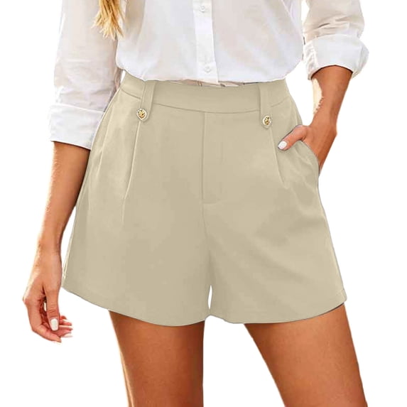 Ixbnca Women Business Shorts Dressy A-Line Pleated Button High Rise Shorts Solid Color Office Shorts with Pockets